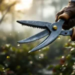 Tuinsnoeischaar knipt tak in mistige ochtenddauw. Waterdruppels glinsteren op metaal in nevelige Nederlandse tuin met doorschijnend zonlicht.