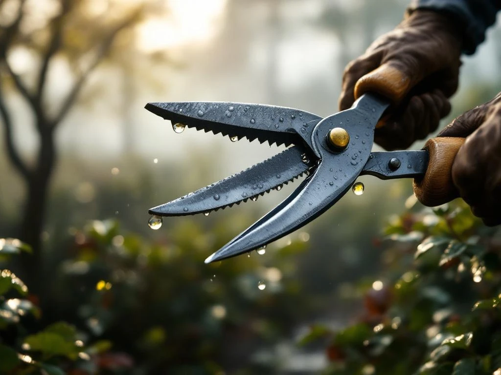Tuinsnoeischaar knipt tak in mistige ochtenddauw. Waterdruppels glinsteren op metaal in nevelige Nederlandse tuin met doorschijnend zonlicht.
