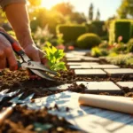 Verweerde handen snoeien planten in een Almere tuin, met professioneel tuingereedschap vooraan en een half-voltooid landschap met bestrating en bloemen in zonlicht.