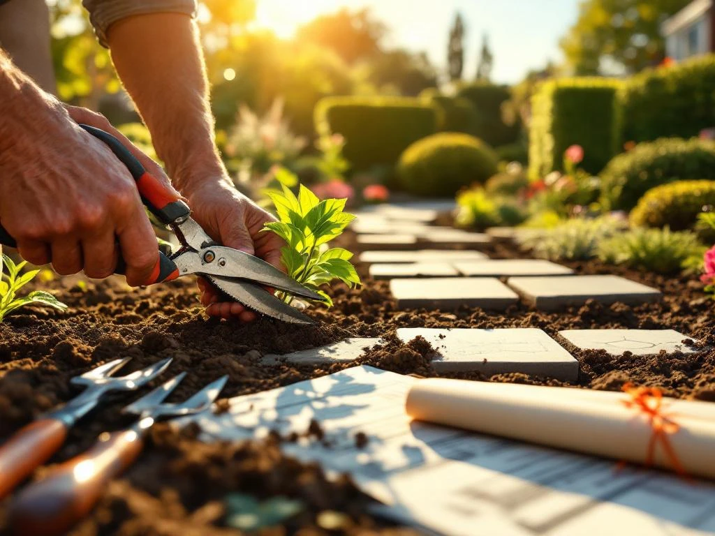 Verweerde handen snoeien planten in een Almere tuin, met professioneel tuingereedschap vooraan en een half-voltooid landschap met bestrating en bloemen in zonlicht.
