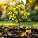 Jonge getransplanteerde boom met geelwordende bladeren en afgevallen blad in professionele tuin met mulch en warm namiddaglicht.