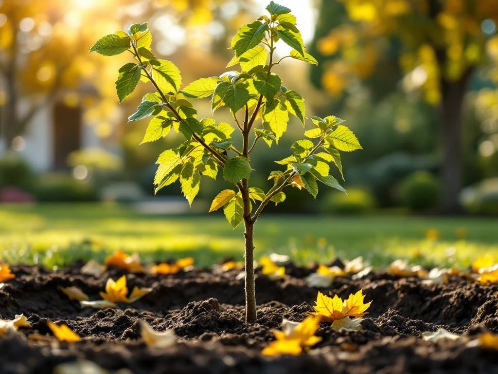 Jonge getransplanteerde boom met geelwordende bladeren en afgevallen blad in professionele tuin met mulch en warm namiddaglicht.