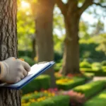 Boomverzorger inspecteert eikenstam met VTA-gereedschap in Almere. Professionele handschoenen en klembord zichtbaar tegen achtergrond van verzorgde tuin met hagen en bloemen.