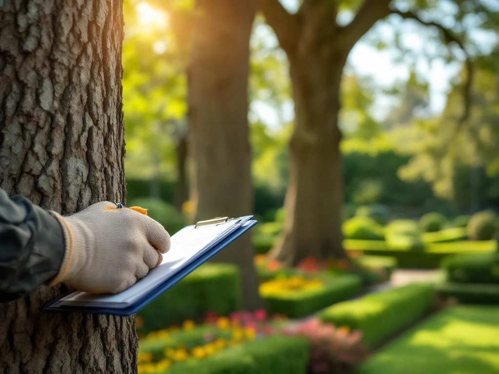 Boomverzorger inspecteert eikenstam met VTA-gereedschap in Almere. Professionele handschoenen en klembord zichtbaar tegen achtergrond van verzorgde tuin met hagen en bloemen.