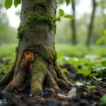 Zieke boom met geelverkleurde bladeren en schimmelgroei in verzorgde tuin in Almere, omringd door wateroverlast en rottende wortels bij ochtendlicht.