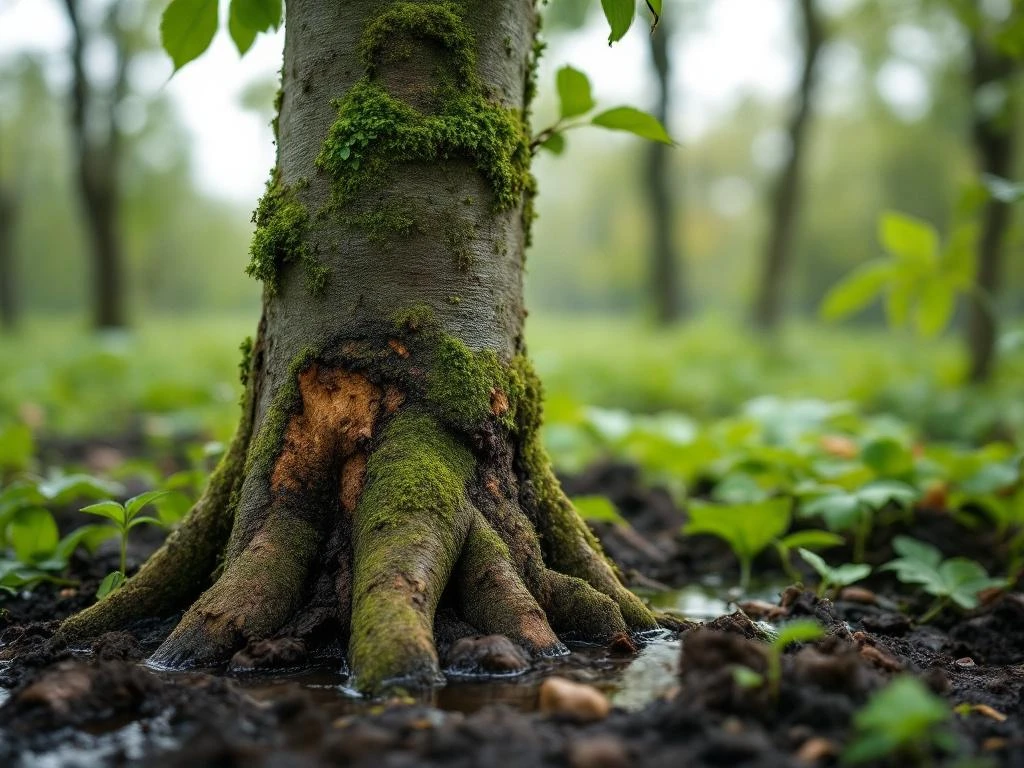Zieke boom met geelverkleurde bladeren en schimmelgroei in verzorgde tuin in Almere, omringd door wateroverlast en rottende wortels bij ochtendlicht.