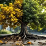 Eik in nood met geelwordende bladeren en bruine takken naast gezond groen loof, omgeven door stedelijke bestrating die wortels belemmert in Almere.