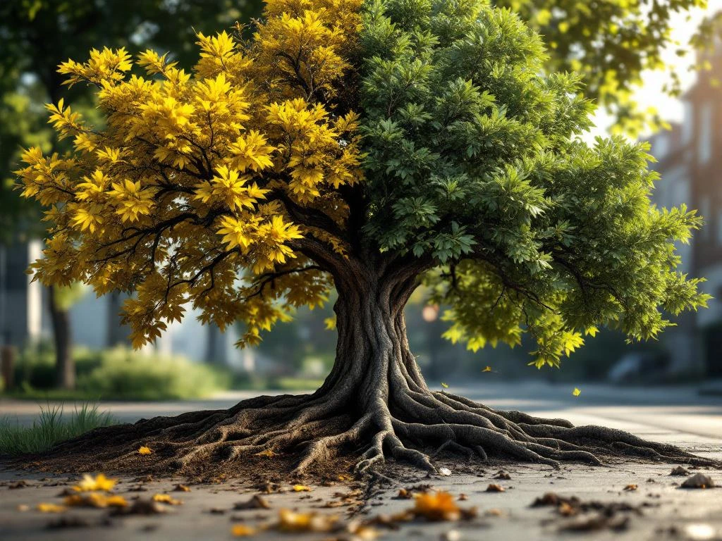 Eik in nood met geelwordende bladeren en bruine takken naast gezond groen loof, omgeven door stedelijke bestrating die wortels belemmert in Almere.