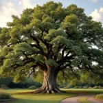 Majestueuze oude beukenboom in gouden avondlicht met professioneel snoeigerei aan de voet. Zonnestralen filteren door het bladerdak in een verzorgde tuin.