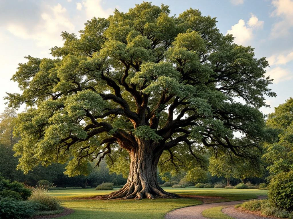 Majestueuze oude beukenboom in gouden avondlicht met professioneel snoeigerei aan de voet. Zonnestralen filteren door het bladerdak in een verzorgde tuin.