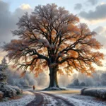 Majestueuze beukenboom met uitgestrekt bladerdak in herfstkleuren, professionele snoeischaar in voorgrond naast snoeiafval, ochtendzon verlicht de grijze stam in Nederlandse tuinsetting.