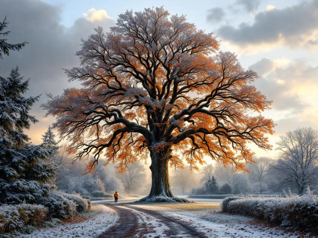 Majestueuze beukenboom met uitgestrekt bladerdak in herfstkleuren, professionele snoeischaar in voorgrond naast snoeiafval, ochtendzon verlicht de grijze stam in Nederlandse tuinsetting.