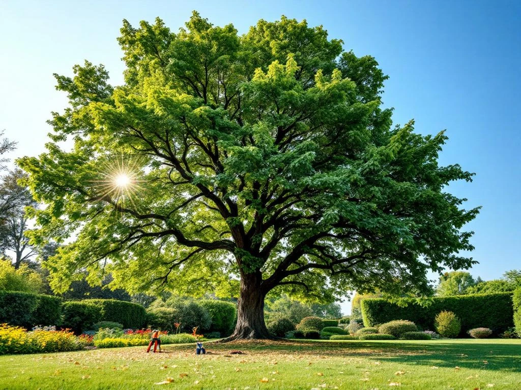 Gezonde eikenboom tijdens professioneel onderhoud in een verzorgde tuin in Almere, met snoeiereedschap en kleurrijke bloembedden op de achtergrond.