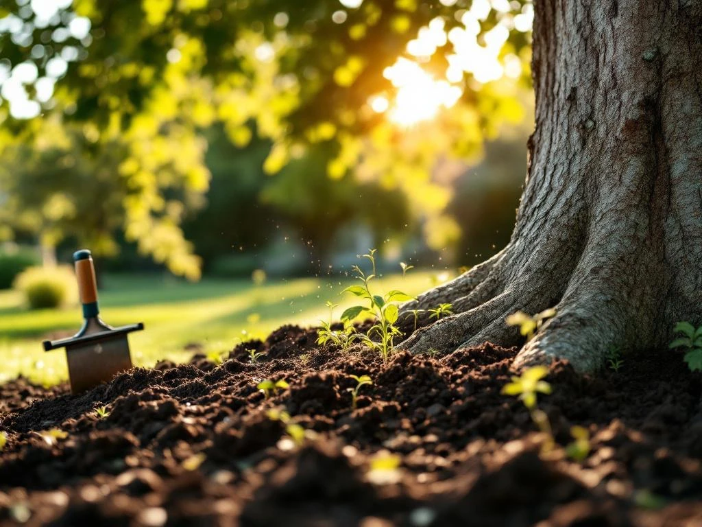 Gehandschoende handen van tuinier verspreiden organische meststof rond gezonde eikenboom in verzorgde tuin bij warm ochtendlicht.
