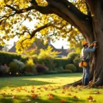 Professionele boomverzorger snoeit zorgvuldig een eikenboom in een onderhouden tuin in Almere, met herfstbladeren en namiddagzon.