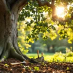 Herstellende eikenboom in ochtendzonlicht met tuingereedschap en voedingsrijke grond in een verzorgde tuin in Almere