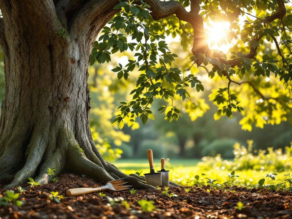 Herstellende eikenboom in ochtendzonlicht met tuingereedschap en voedingsrijke grond in een verzorgde tuin in Almere