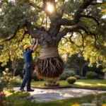 Professionele boomverzorger transplanteert volwassen eikenboom met hydraulische apparatuur in verzorgde tuin in Almere, wortelkluit in jute verpakt