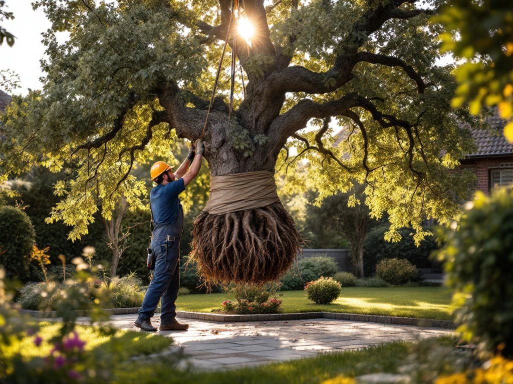 Professionele boomverzorger transplanteert volwassen eikenboom met hydraulische apparatuur in verzorgde tuin in Almere, wortelkluit in jute verpakt