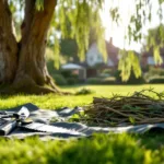 Geknotte wilg in verzorgde tuin met professioneel tuingereedschap. Snoeischaar en handzaag op zeil met afgesneden takken. Zonlicht valt door resterende takken op gazon.