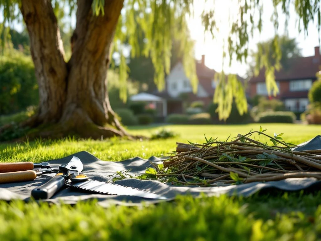 Geknotte wilg in verzorgde tuin met professioneel tuingereedschap. Snoeischaar en handzaag op zeil met afgesneden takken. Zonlicht valt door resterende takken op gazon.