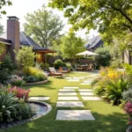 Compacte, kindvriendelijke gezinstuin met kleurrijk speeltoestel, verhoogde moestuin, slingerende stapstenen, gezellige zithoek en kleine waterspeelplek onder blauwe hemel.