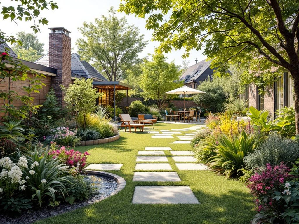 Compacte, kindvriendelijke gezinstuin met kleurrijk speeltoestel, verhoogde moestuin, slingerende stapstenen, gezellige zithoek en kleine waterspeelplek onder blauwe hemel.