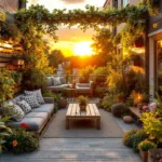 Compacte stadstuin bij zonsondergang met slimme budgetoplossingen: verticale plantwand, verhoogde bakken, gezellig terras en strategische solarlampjes