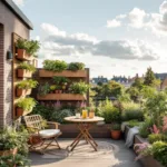Verticale kruidentuin met basilicum, rozemarijn, tijm en munt in terracotta potten op een zonnig stadsbalkon in Almere bij ochtendlicht.