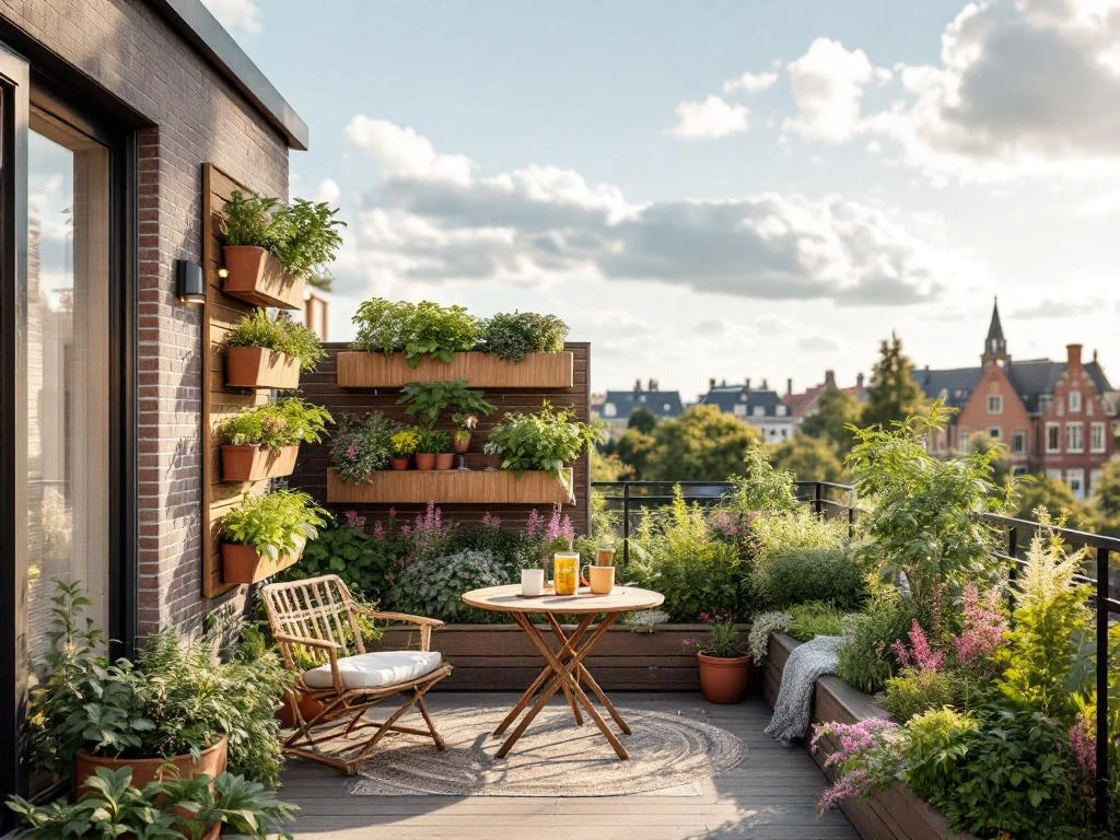 Verticale kruidentuin met basilicum, rozemarijn, tijm en munt in terracotta potten op een zonnig stadsbalkon in Almere bij ochtendlicht.