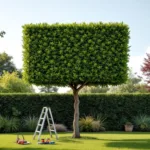 Professioneel gesnoeide leilinde met rechthoekige kroon in moderne tuin in Almere, met snoeigereedschap en ladder bij de stam in namiddaglicht.