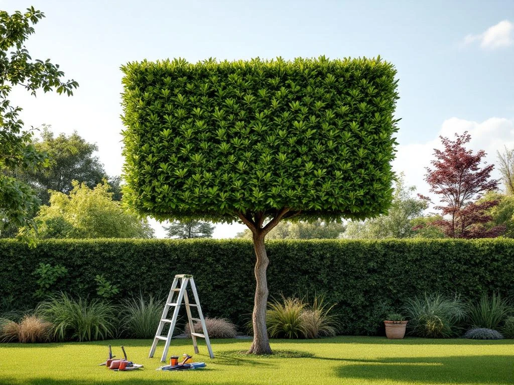 Professioneel gesnoeide leilinde met rechthoekige kroon in moderne tuin in Almere, met snoeigereedschap en ladder bij de stam in namiddaglicht.