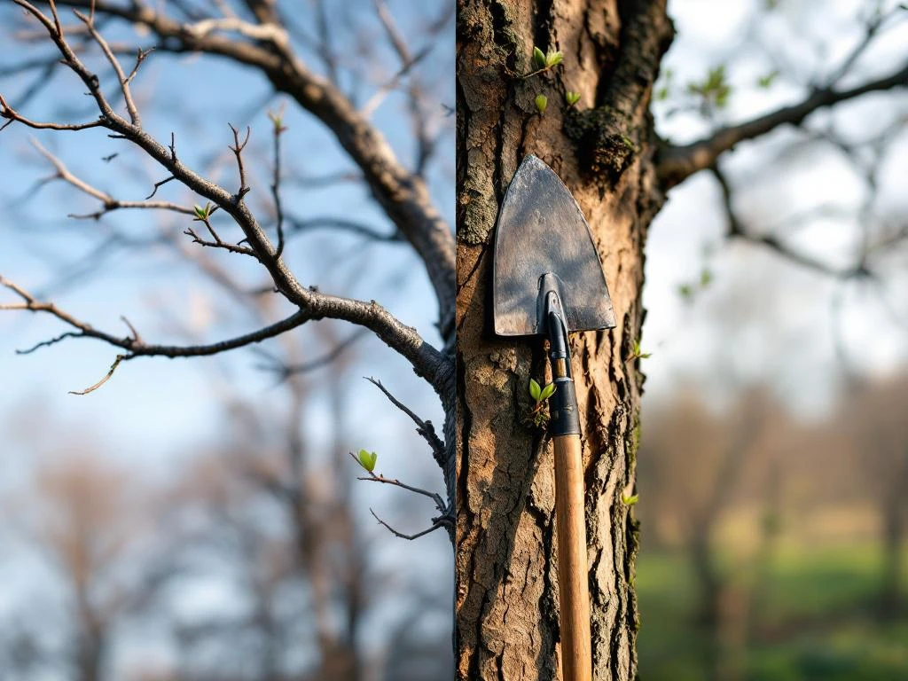 Gesplitste weergave van een loofboom: kale takken in winterrust naast dezelfde boom met ontluikende groene knoppen in Almere, toont verschil tussen rust en dood.