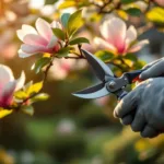 Tuinsnoeischaar trimt zorgvuldig een magnoliatak met roze-witte bloesems in een verzorgde Nederlandse tuin, badend in gouden winterzonlicht, met Almere-architectuur op de achtergrond.