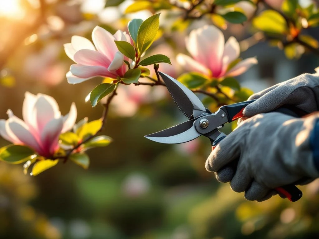 Tuinsnoeischaar trimt zorgvuldig een magnoliatak met roze-witte bloesems in een verzorgde Nederlandse tuin, badend in gouden winterzonlicht, met Almere-architectuur op de achtergrond.