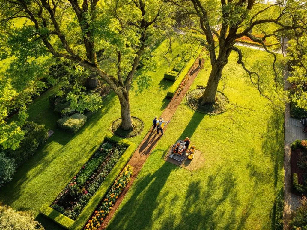 Luchtfoto van Nederlandse tuin met professionele boomverzorging, nette heggen, tulpenbedden en typische architectuur in zonlicht.