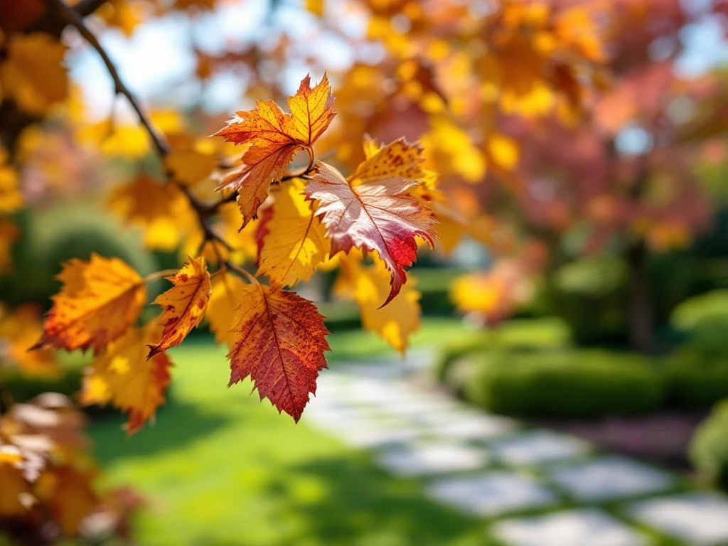 Prunus boomtak met gedeeltelijk gele en vallende bladeren, sommige met bruine vlekken, in een verzorgde herfsttuin met gefilterd zonlicht.