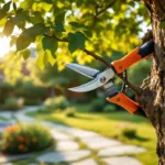 Professionele snoeischaar knipt tak in verzorgde tuin in Almere, met gouden namiddaglicht, netjes gerangschikte planten en vakkundig tuingereedschap.