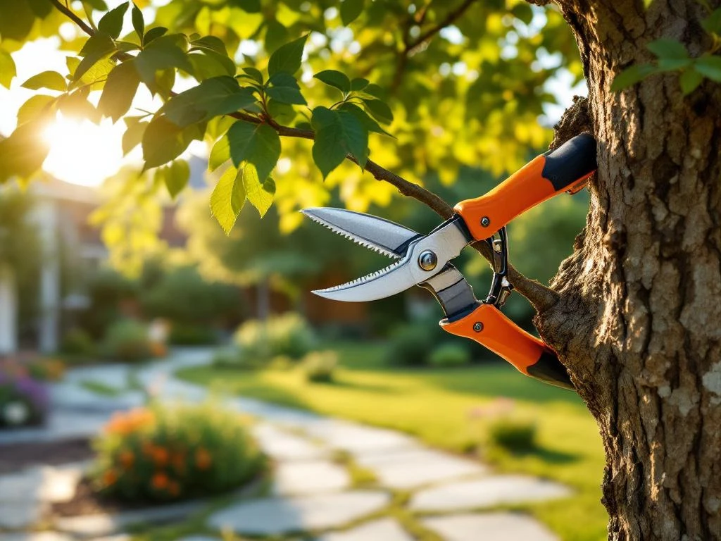 Professionele snoeischaar knipt tak in verzorgde tuin in Almere, met gouden namiddaglicht, netjes gerangschikte planten en vakkundig tuingereedschap.