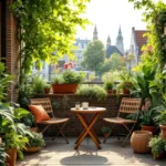 Compact stadsbalkon als groene oase vanuit vogelperspectief met diverse planten in decoratieve potten, terrastafel met koffiekopje en Nederlandse stadsdaken op de achtergrond.