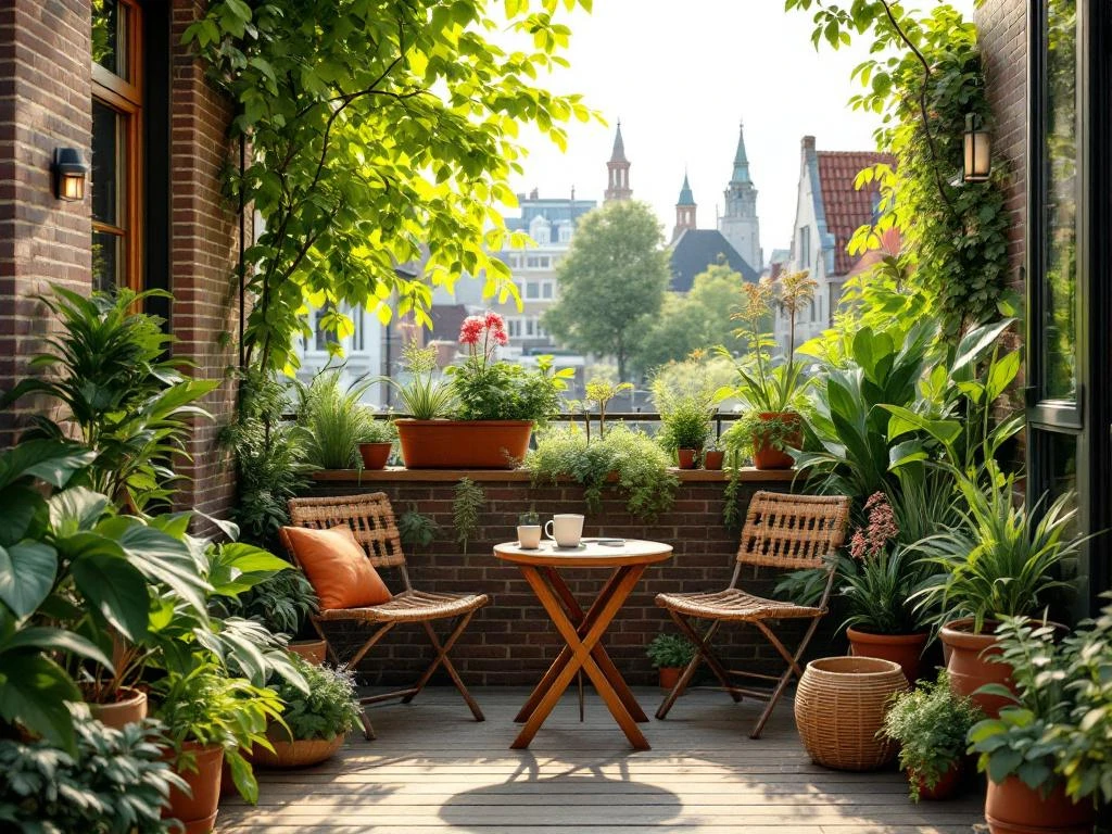 Compact stadsbalkon als groene oase vanuit vogelperspectief met diverse planten in decoratieve potten, terrastafel met koffiekopje en Nederlandse stadsdaken op de achtergrond.