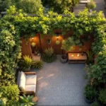 Compacte stedelijke tuinoase met bamboe en houten privacyschermen, weelderige planten en terras in warme avondzon