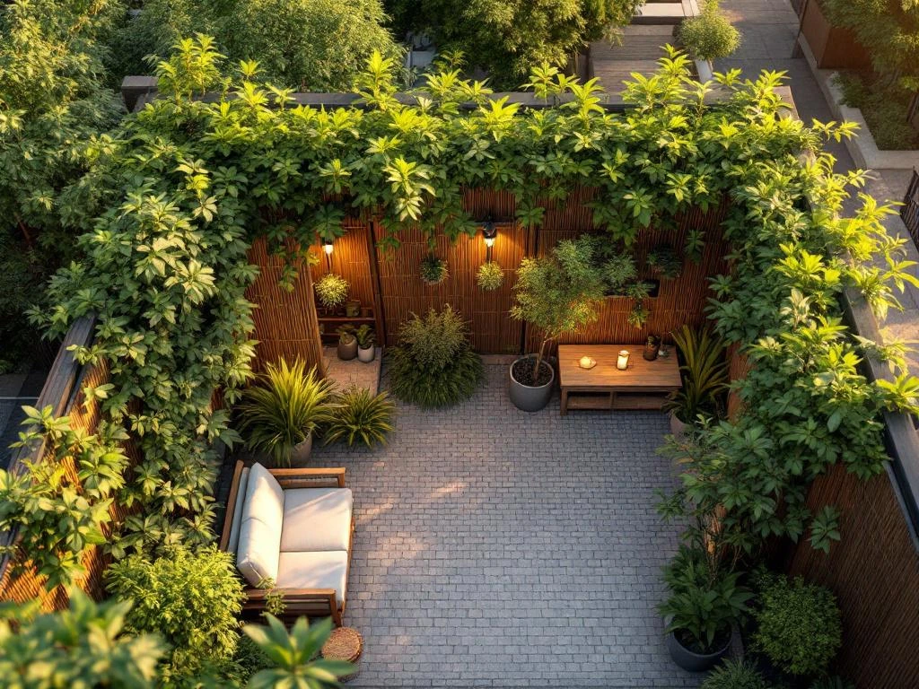 Compacte stedelijke tuinoase met bamboe en houten privacyschermen, weelderige planten en terras in warme avondzon