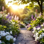 Sfeervolle kleine stadstuin in Almere met schaduwminnende planten zoals hostas, varens en witte astilbes langs een rustiek stenen pad in gefilterd zonlicht.