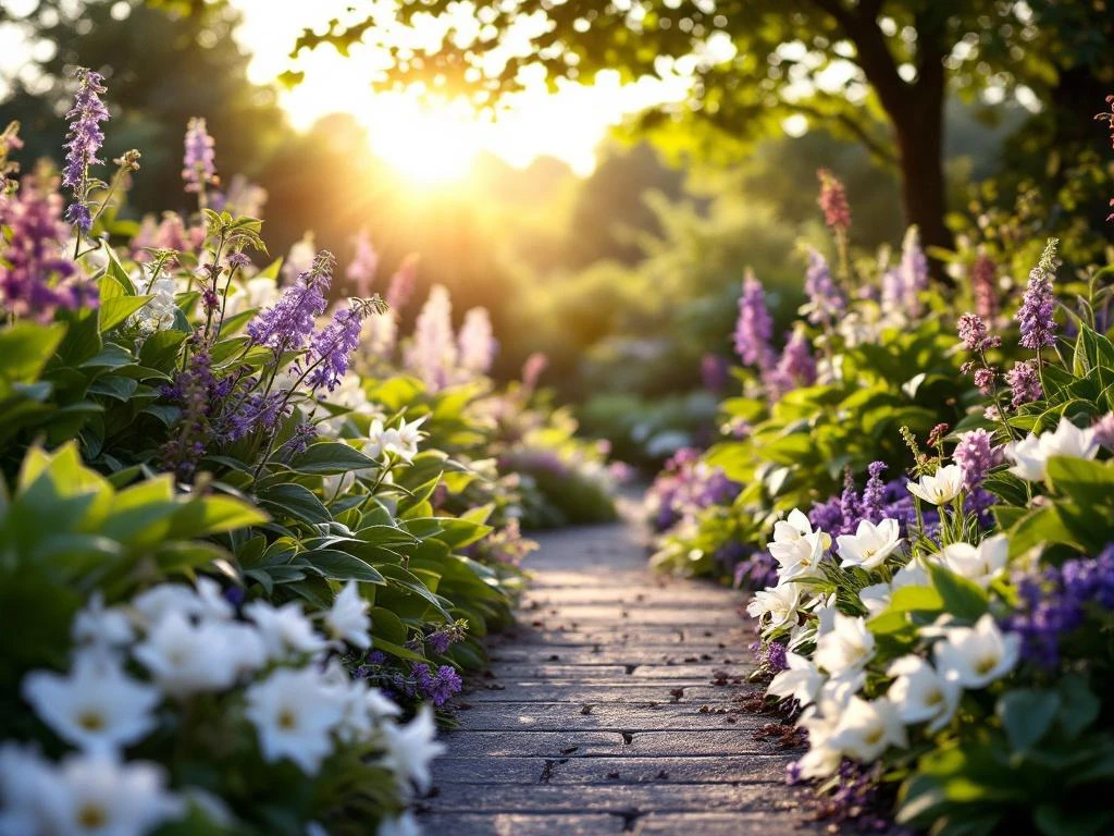 Sfeervolle kleine stadstuin in Almere met schaduwminnende planten zoals hostas, varens en witte astilbes langs een rustiek stenen pad in gefilterd zonlicht.