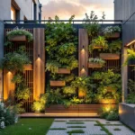 Compacte stadstuin met verticale elementen bij zonsondergang, inclusief houten plantenbakken, groene wand met varens, klimplanten en hangende kruidentuintjes.