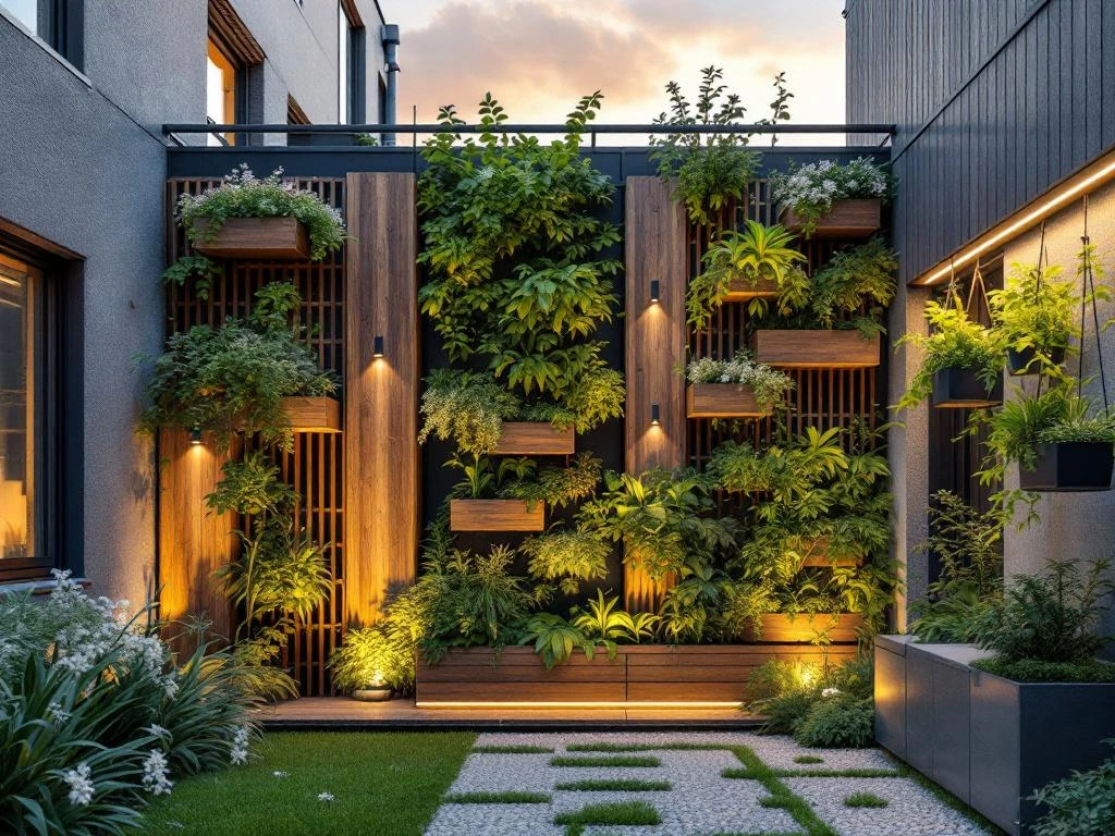 Compacte stadstuin met verticale elementen bij zonsondergang, inclusief houten plantenbakken, groene wand met varens, klimplanten en hangende kruidentuintjes.