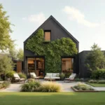 Vogelperspectief van compacte stadstuin in Almere met verticale kruidenwand, verhoogde plantenbakken, klein terras en slimme opbergruimte in warme avondzon.