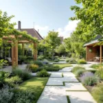 Vogelperspectief van een compacte stadstuin in Almere met vijf zones: terras, eethoek, kruidentuin, gazon en zithoek met vuurschaal.