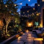 Stedelijk tuinterras in schemering met sfeervol verlichtingsontwerp: slingerverlichting, padverlichting en geaccentueerde planten creëren een gezellige, ruimtelijke sfeer rond de moderne zithoek.